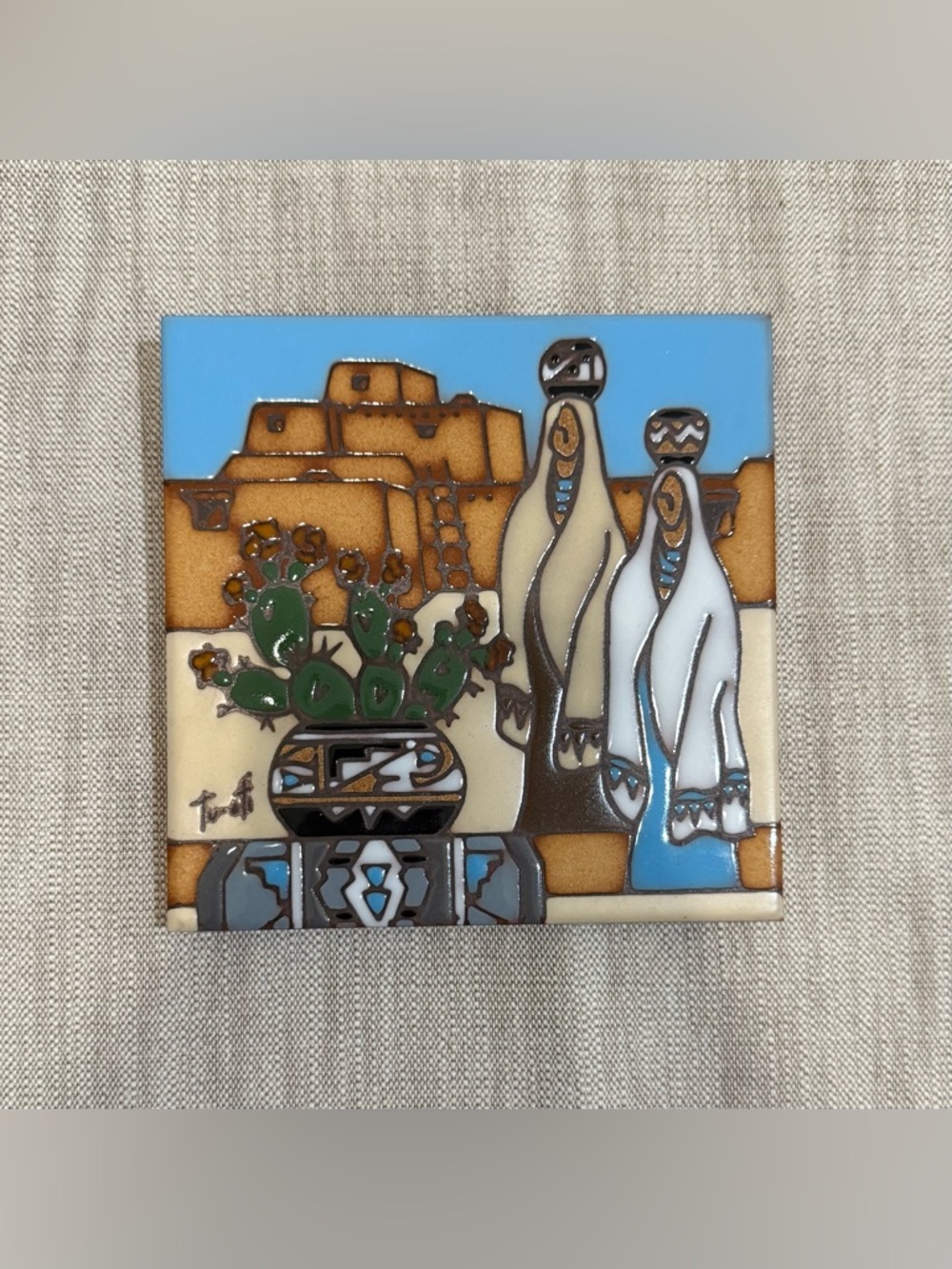 Earthtones 1990 Native Woman Pottery and Cacti Ceramic Art